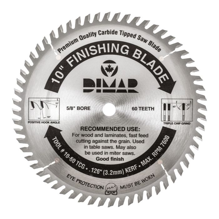 10" Dia, Carbide Tipped, Finishing Saw Blade, .126" (3.2mm) Kerf, 60 Teeth, TCG