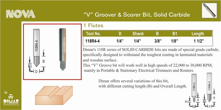 1/4" Dia, Solid Carbide, V-Groove Bit, 1/4" Shank, 1 1/2" Length