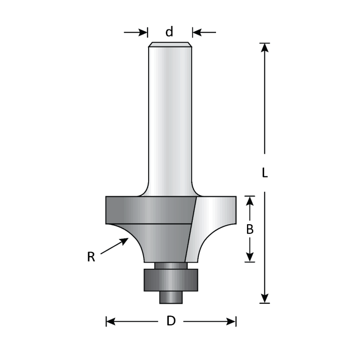 5/8" Dia, Carbide Tipped, Rounding Over Bit with 1/2" Ball Bearing, 2 Flutes, 1/4" Shank, 1 3/4" Length