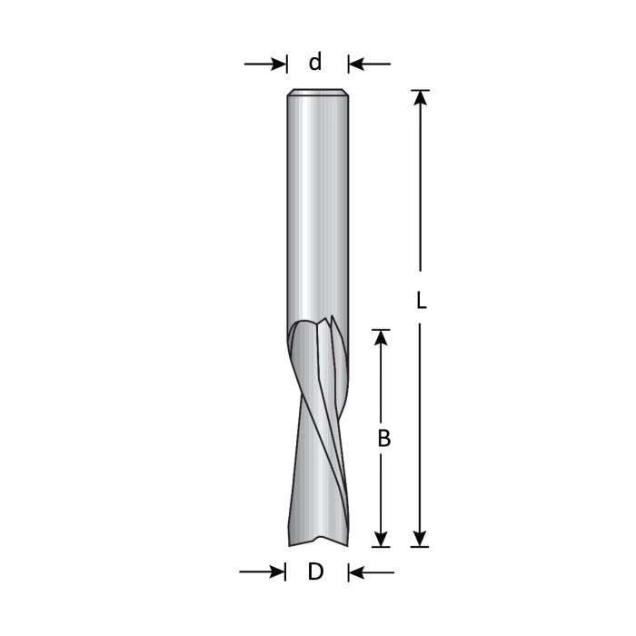 1/2" Dia, Solid Carbide, Spiral Bit for Man Made material, Downcut, 2 Flute, 1/2" Shank, 3 1/2" Length